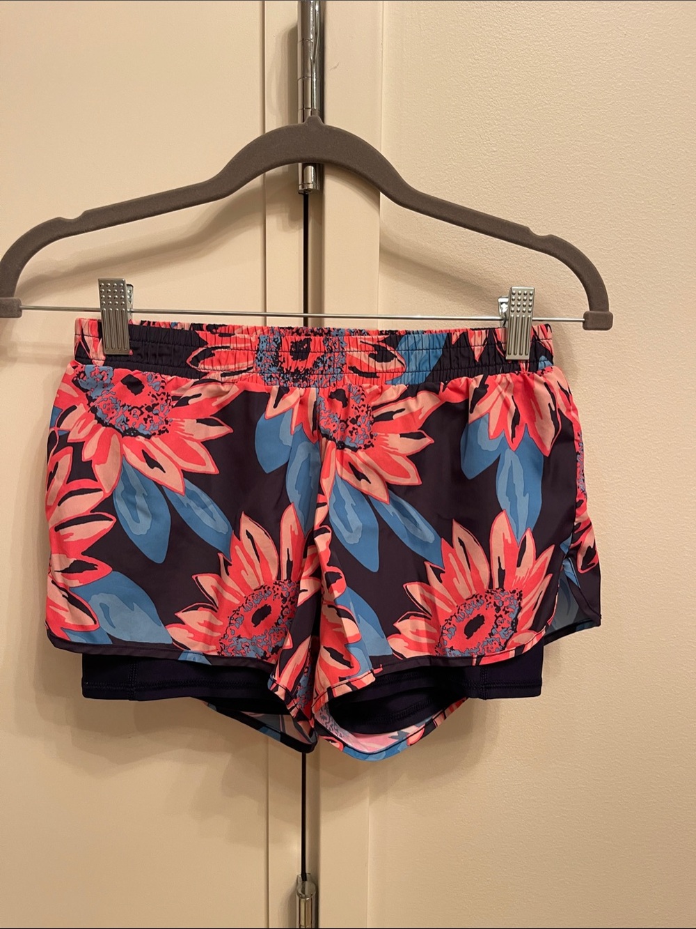 aerie Floral Athletic Shorts in Navy with Coral & Blue Accents